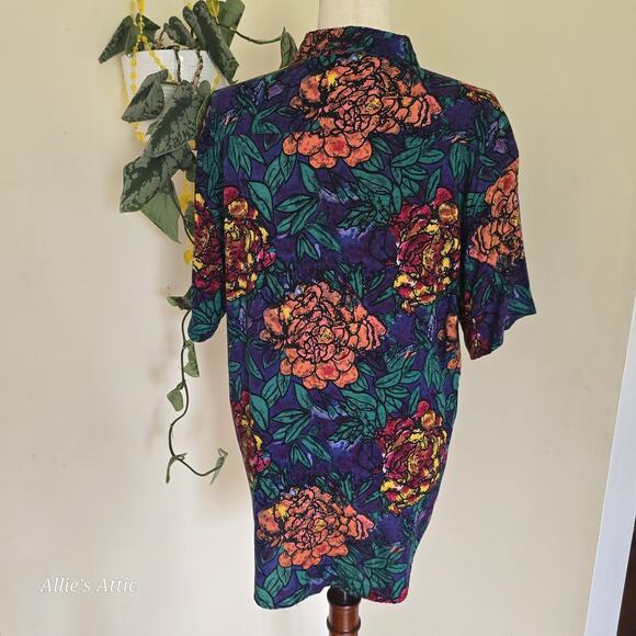 Colorful Vtg Floral Beach Hawaiian Short Sleeve Button Shirt Blue Purple Green L - Picture 4 of 9